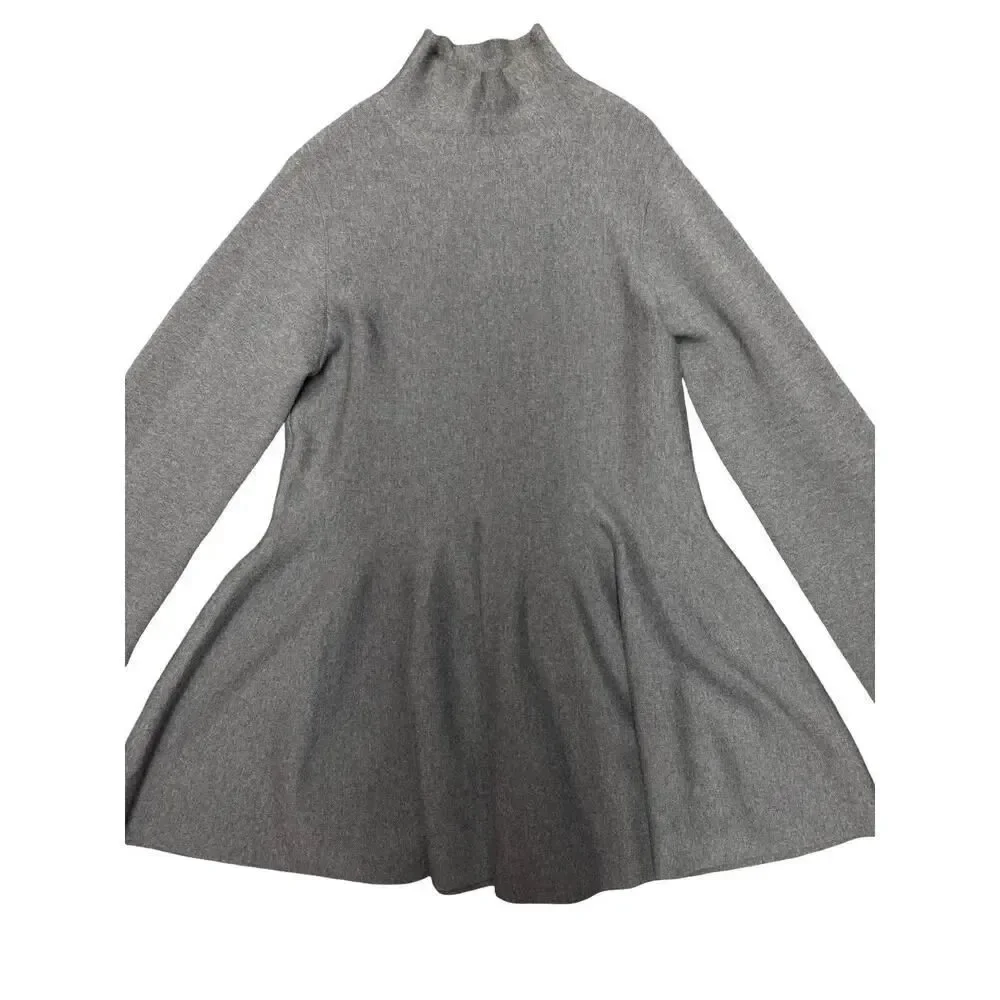 KHAITE Clarice Gray Wool Turtleneck Mini Dress L Fit Flare Luxe